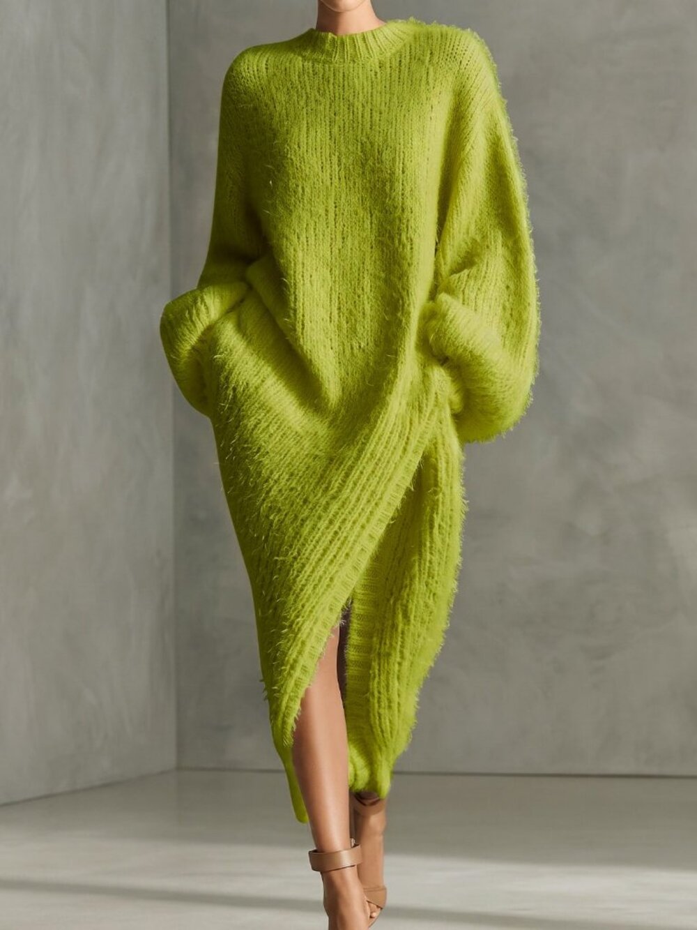 Green Casual Women's Rib-Knit Wrap Asymmetrical Hem Sweater Dress
